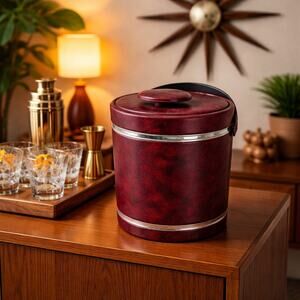 Vintage 70s Burgundy Crimson Vinyl Bar Ice Bucket
